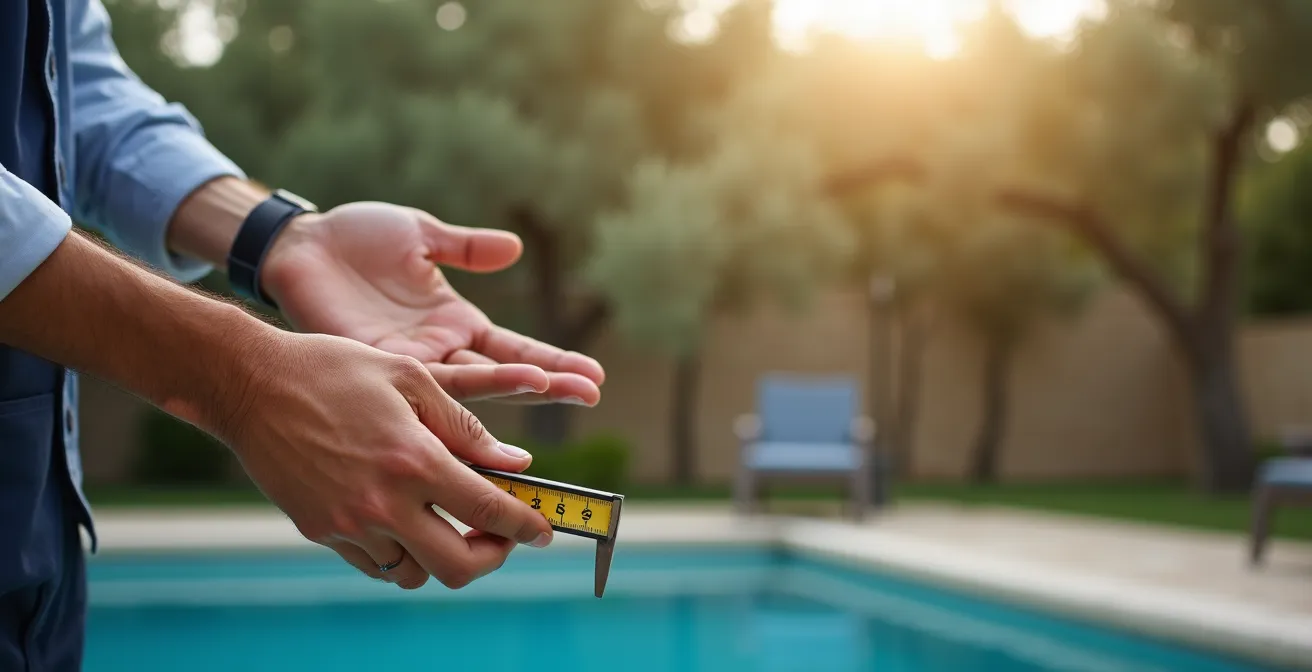 Pisciniste analysant un terrain avec des clients en extérieur