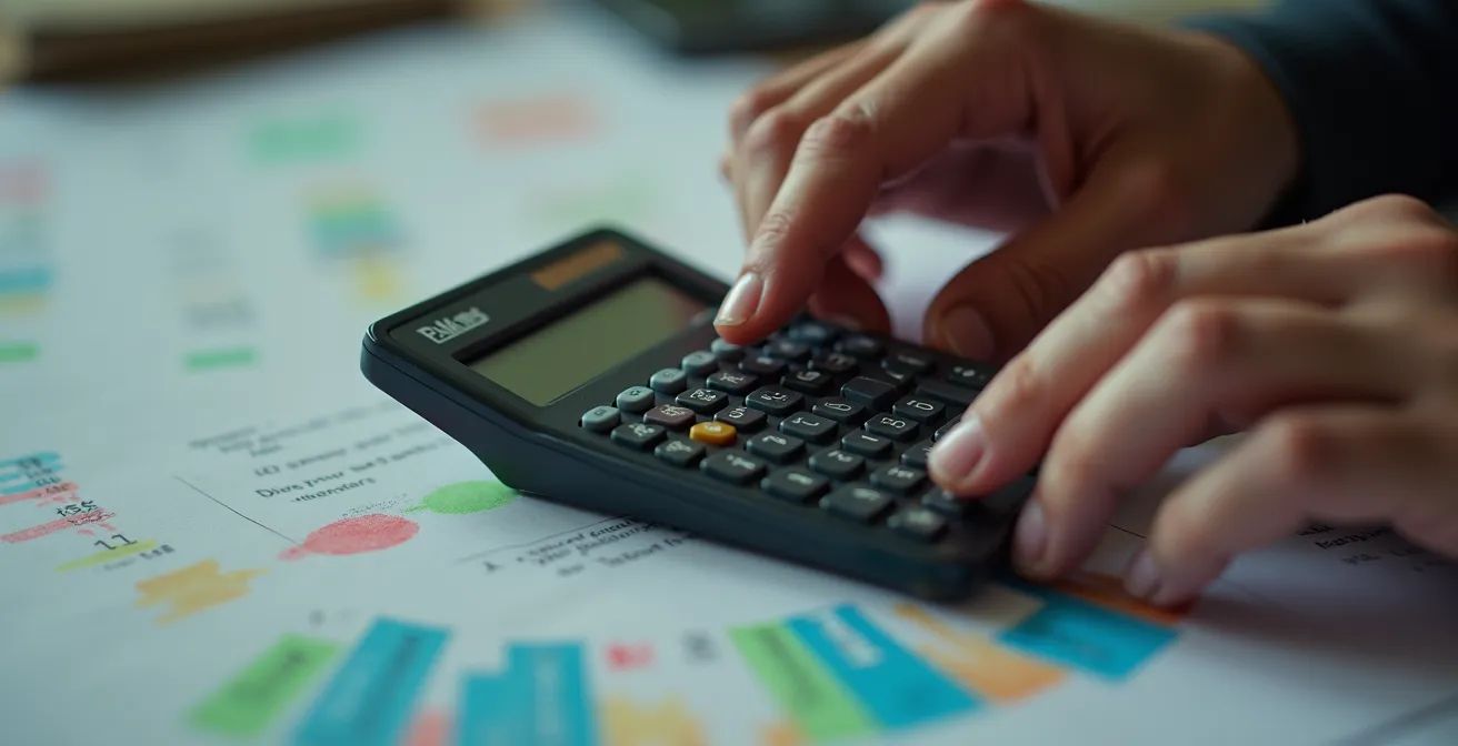 Mains tenant une calculatrice au-dessus de devis de piscine avec des annotations colorées