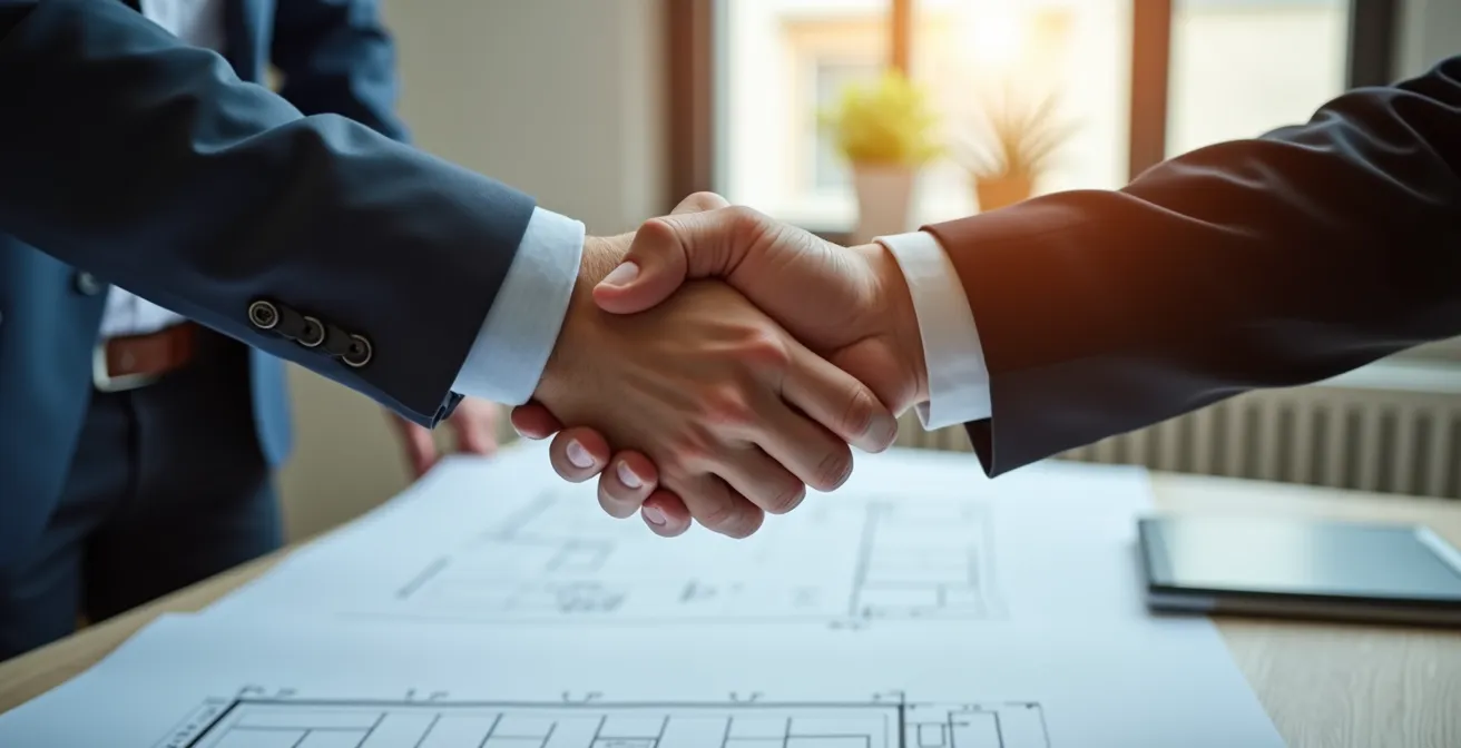 Poignée de main professionnelle entre client et pisciniste devant plans de piscine