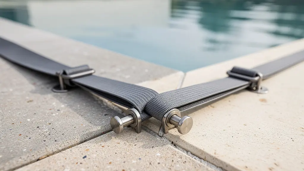 Système de fixation bâche à barres sur margelle béton avec sandows et pitons