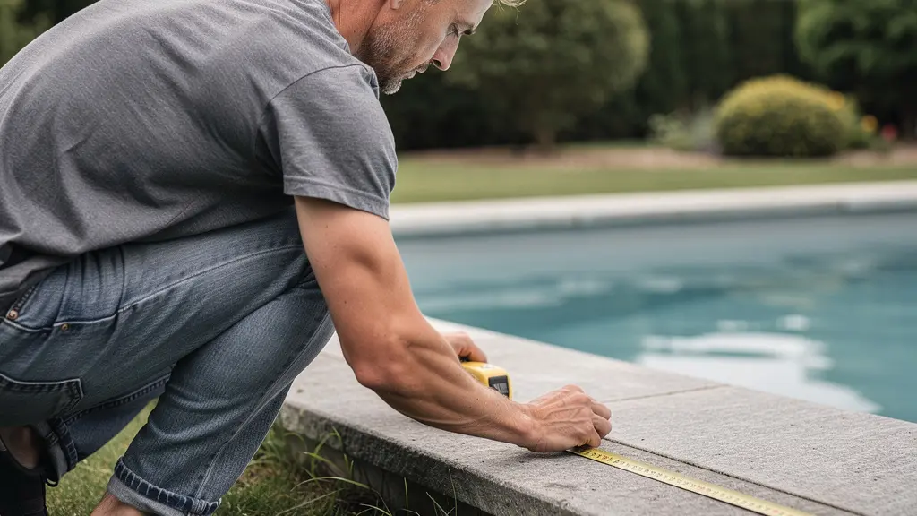 Propriétaire mesurant les dimensions de sa piscine avec mètre ruban le long de la margelle