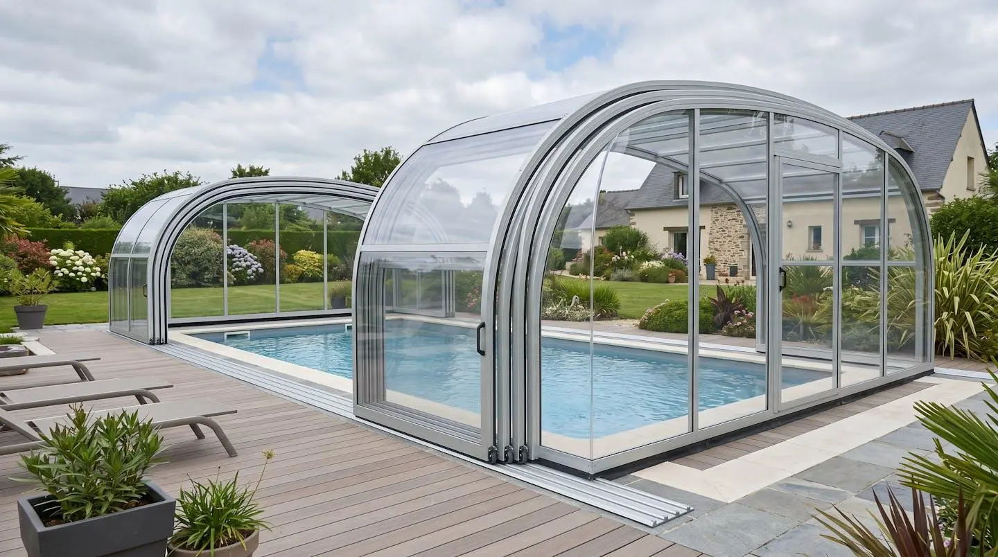 Abri de piscine mi-haut motorisé en position semi-ouverte, structure aluminium et panneaux translucides, piscine résidentielle avec terrasse bois composite