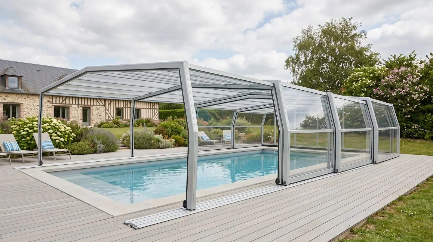 Abri de piscine mi-haut motorisé en position semi-ouverte, structure aluminium et panneaux translucides, piscine résidentielle avec terrasse bois composite