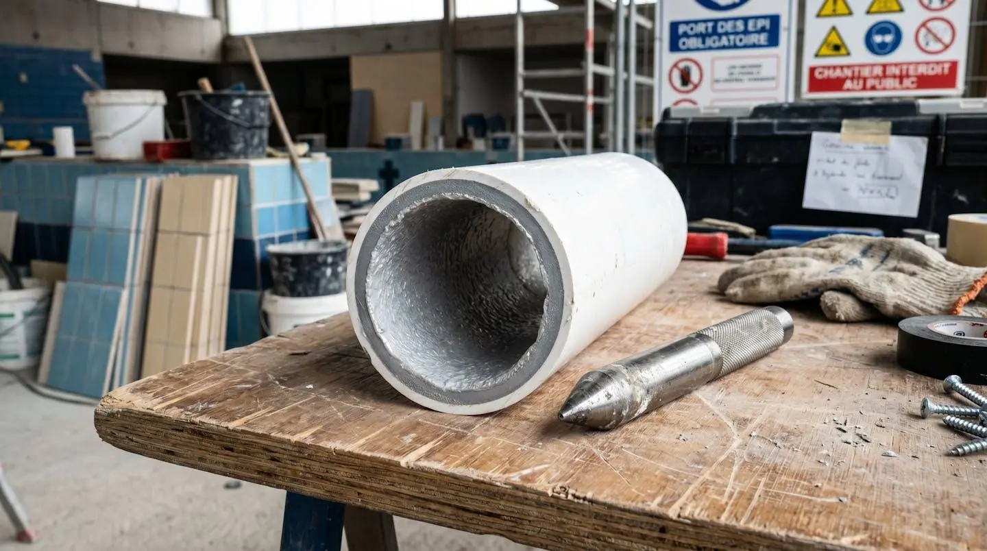 Gros plan section tuyau PVC piscine montrant gaine chemisage résine époxy adhérente à paroi interne