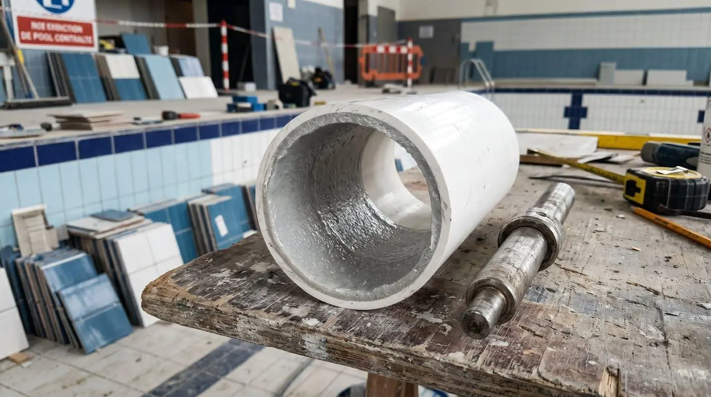 Gros plan section tuyau PVC piscine montrant gaine chemisage résine époxy adhérente à paroi interne