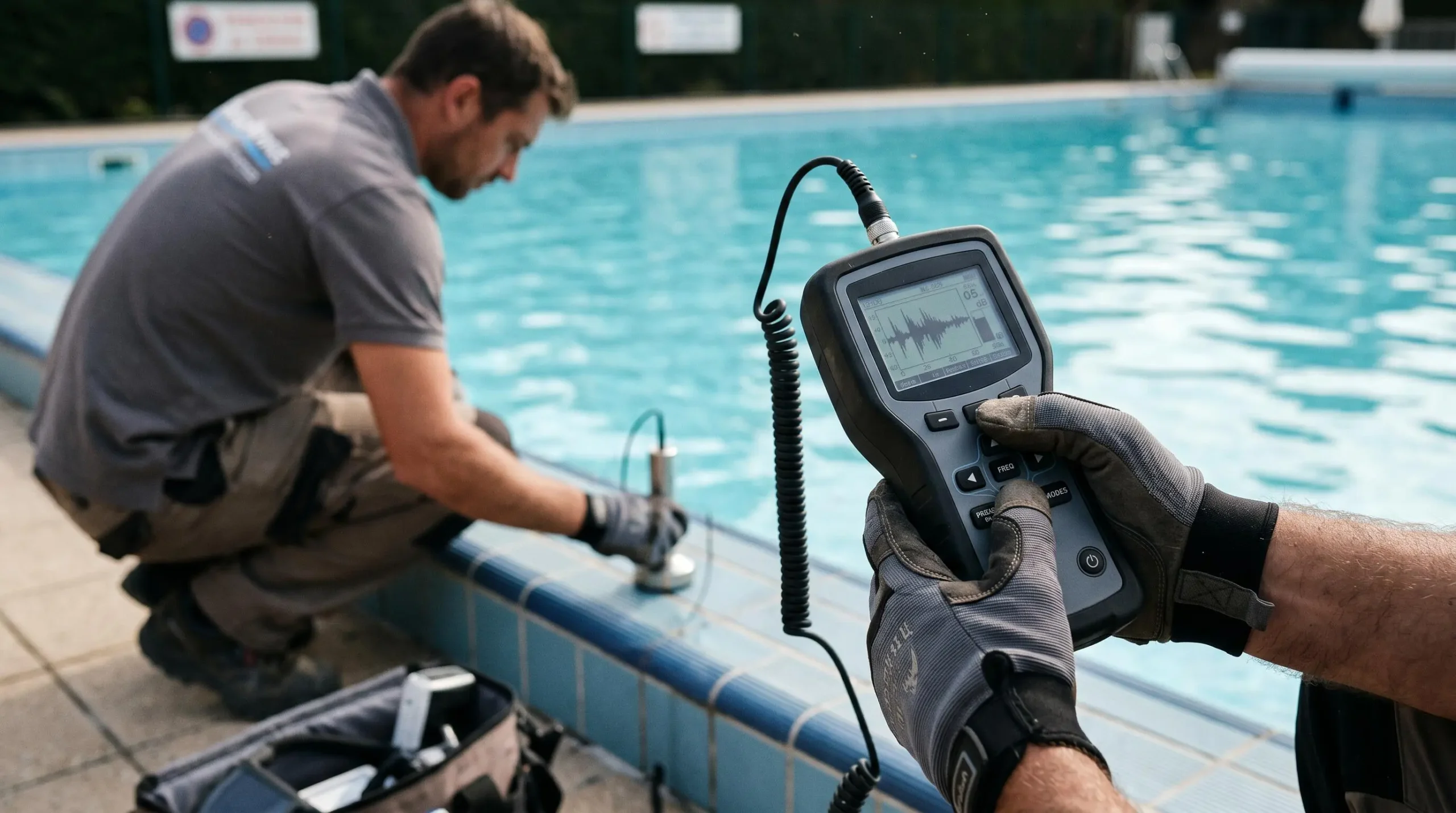 Mains professionnelles utilisant détecteur acoustique électronique moderne avec sonde sur margelle piscine