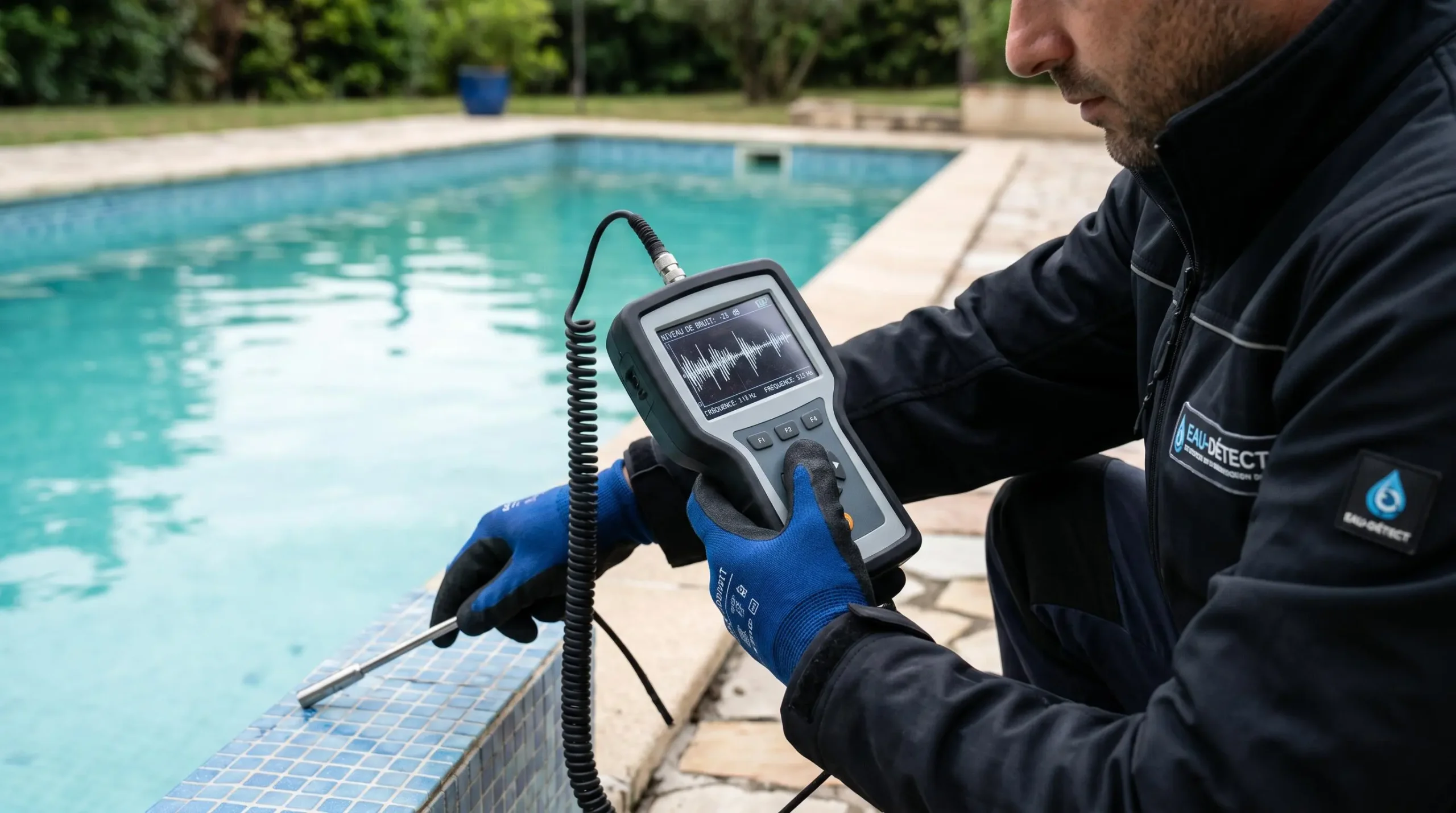 Mains professionnelles utilisant détecteur acoustique électronique moderne avec sonde sur margelle piscine