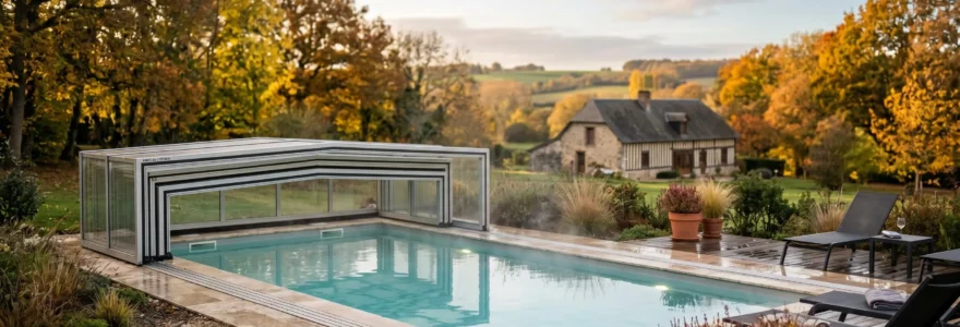Piscine extérieure avec abri mi-haut en automne, eau claire et vapeur visible, environnement arboré aux couleurs automnales, lumière dorée de fin de journée