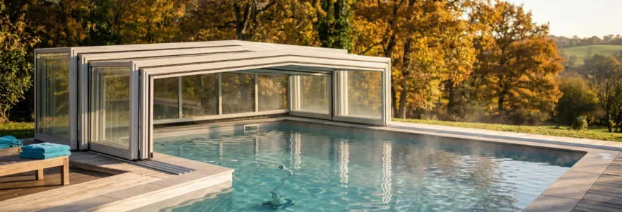 Piscine extérieure avec abri mi-haut en automne, eau claire et vapeur visible, environnement arboré aux couleurs automnales, lumière dorée de fin de journée