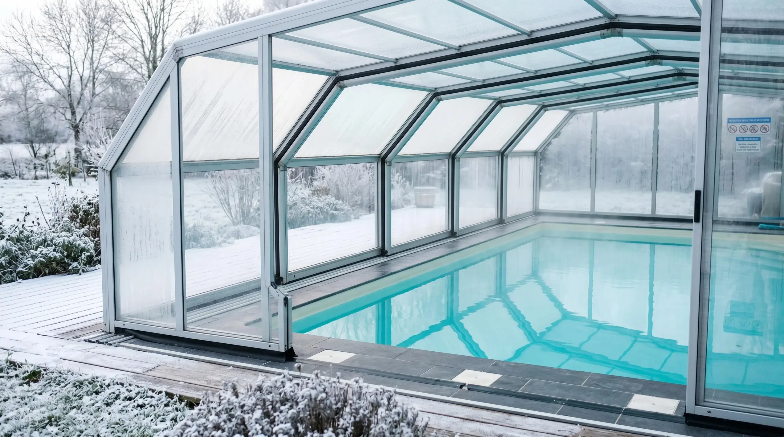 Piscine sous abri en hiver, paysage extérieur enneigé visible à travers les panneaux, eau turquoise claire et vapeur légère à l'intérieur