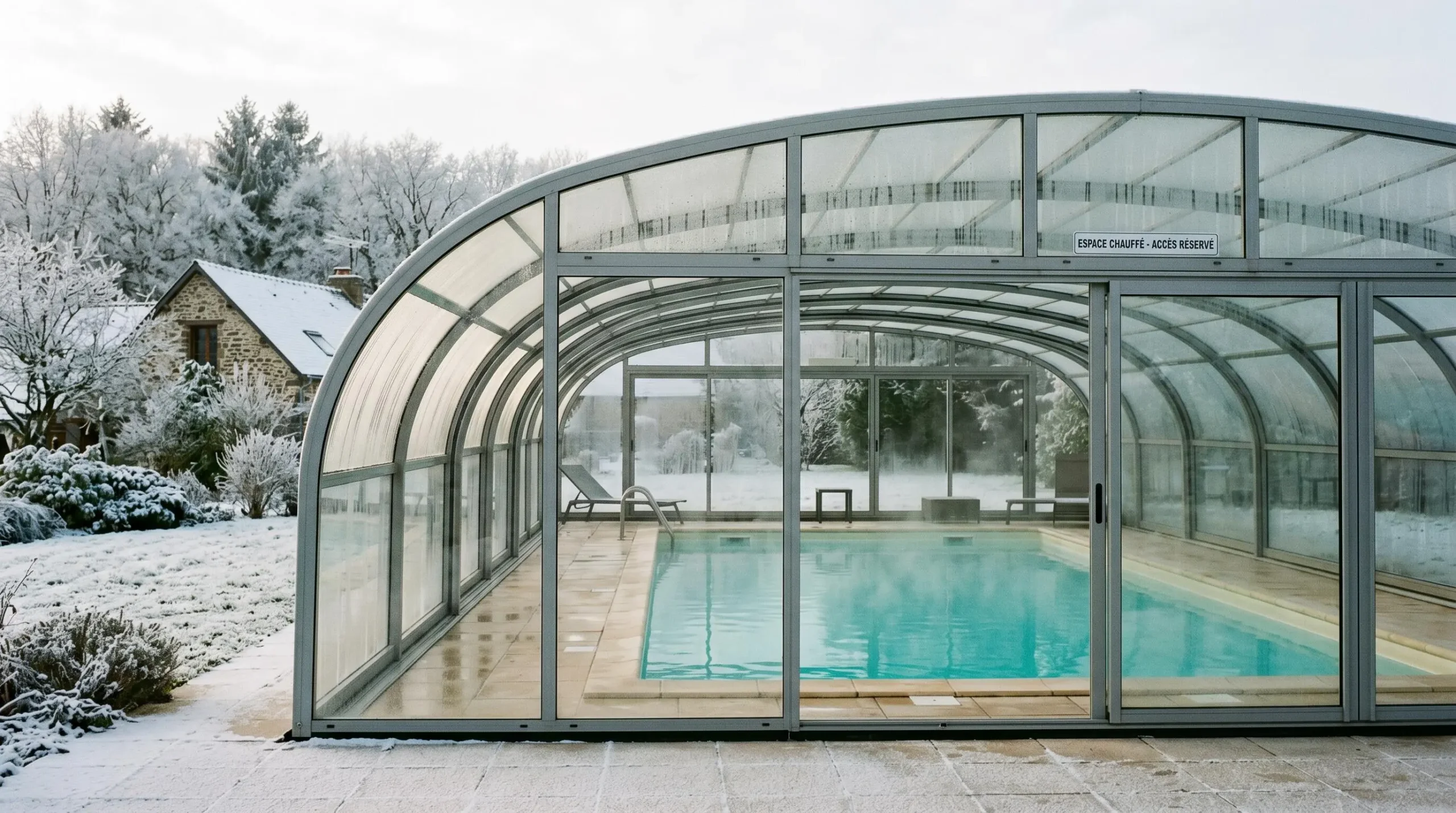 Piscine sous abri en hiver, paysage extérieur enneigé visible à travers les panneaux, eau turquoise claire et vapeur légère à l'intérieur