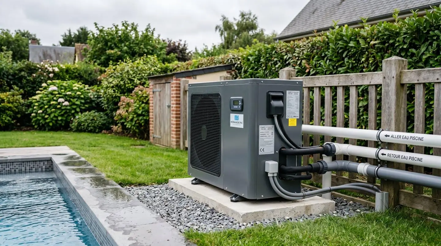 Pompe à chaleur pour piscine installée sur dalle à proximité d'un bassin résidentiel, tuyauterie visible, environnement jardin Normandie