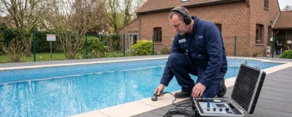 Technicien professionnel utilisant équipement détection acoustique au bord piscine enterrée avec maison nordique en arrière-plan