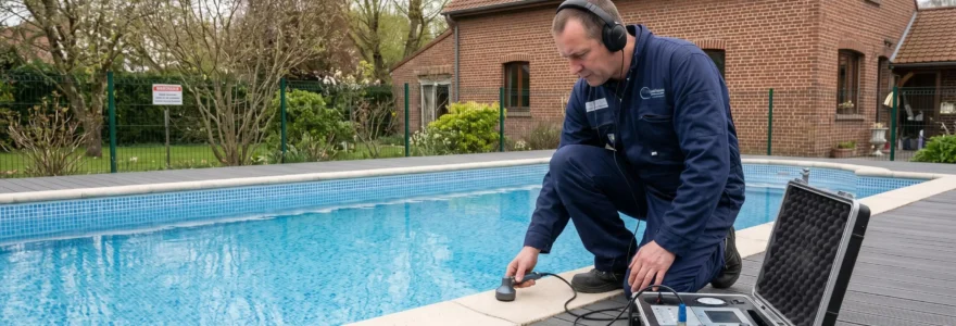 Technicien professionnel utilisant équipement détection acoustique au bord piscine enterrée avec maison nordique en arrière-plan