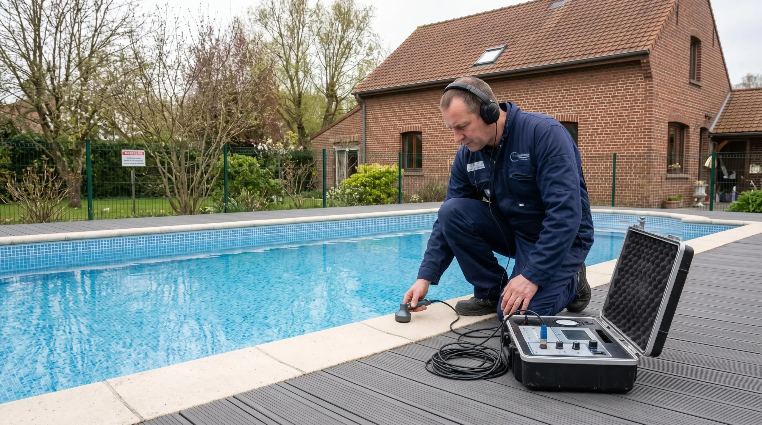 Technicien professionnel utilisant équipement détection acoustique au bord piscine enterrée avec maison nordique en arrière-plan