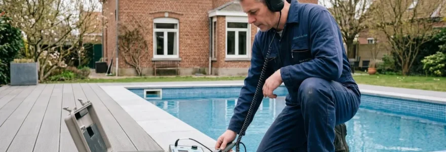 Technicien professionnel utilisant équipement détection acoustique au bord piscine enterrée avec maison nordique en arrière-plan